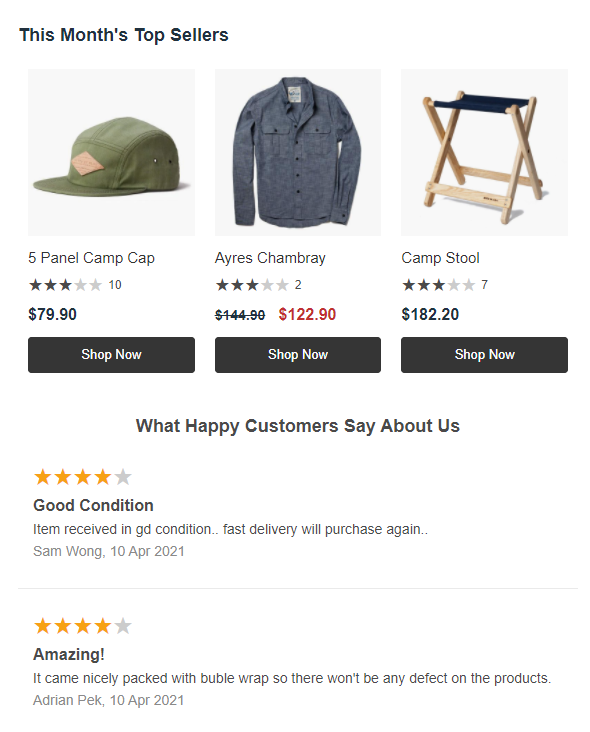 Product reviews in marketing emails