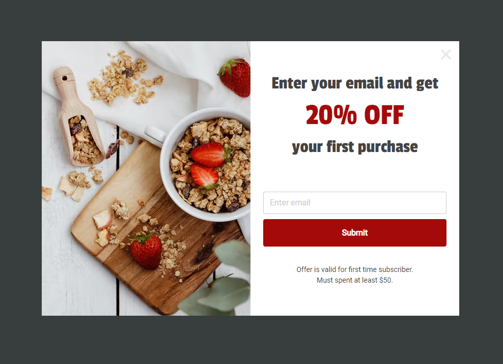 A welcome email-capture popup offering 20 percent off a first order, the kind Prompt shows only to first-time visitors