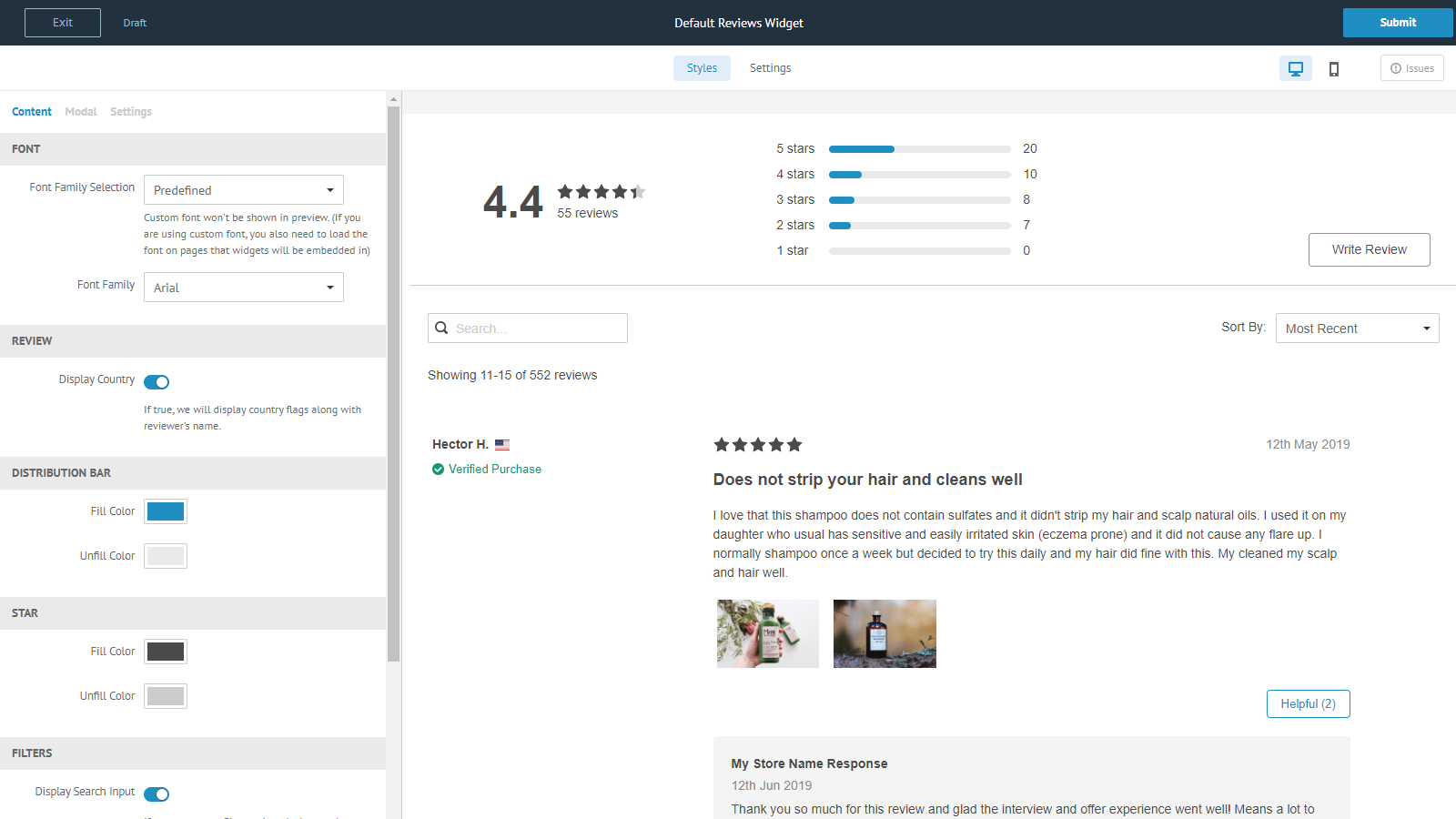 The reviews widget editor, with a styling panel for fonts, star and distribution-bar colors, and display toggles beside a live widget preview